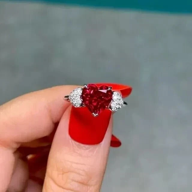 2Ct Heart Cut Lab Created Red Ruby Diamond Wedding Ring 14k White Gold Plated - Image 2 of 3
