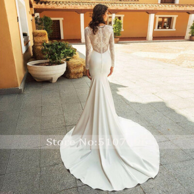 Thick Satin White/Ivory Mermaid Buttons Wedding Dress Long Sleeve Bridal  Gown