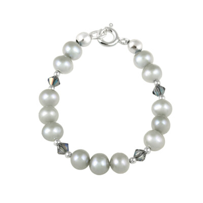 925 Silver Gray Freshwater Pearls &  Gray European Crystals Baby Bracelet, 5''
