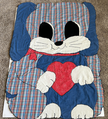 Handmade Dog Puppy w/ Heart Quilt Blanket Children Play Mat Vintage 38x52 Inch