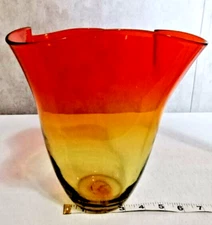 Original Blenko Red Amberina Hand Blown Art Uranium Glass Vase  9"
