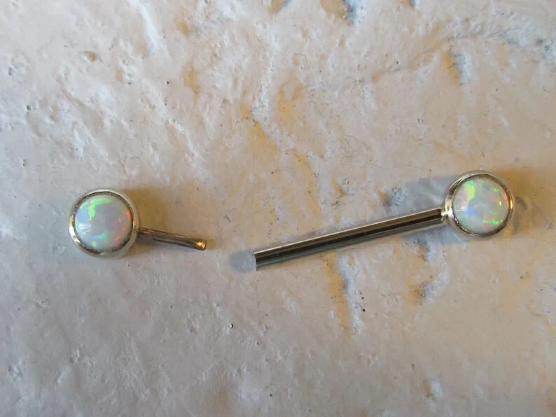 14k White Gold Plated Simulated Opal Nipple Barbell Set - Image 3 of 4