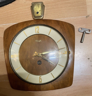 50er 60er  Wanduhr Uhr mechanisch Holzgehäuse Messing  clock 50s 60s Vintage
