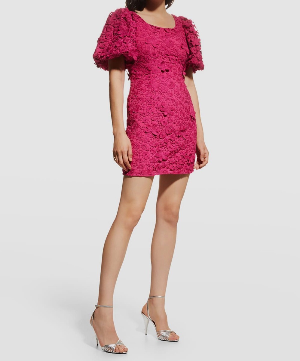 $395 Zac Posen Women's Pink Floral Short Puff-Sleeve Lace Mini Dress Size 2 $395 Zac Posen Women's Pink Floral Short Puff-Sleeve Lace Mini Dress Size 2