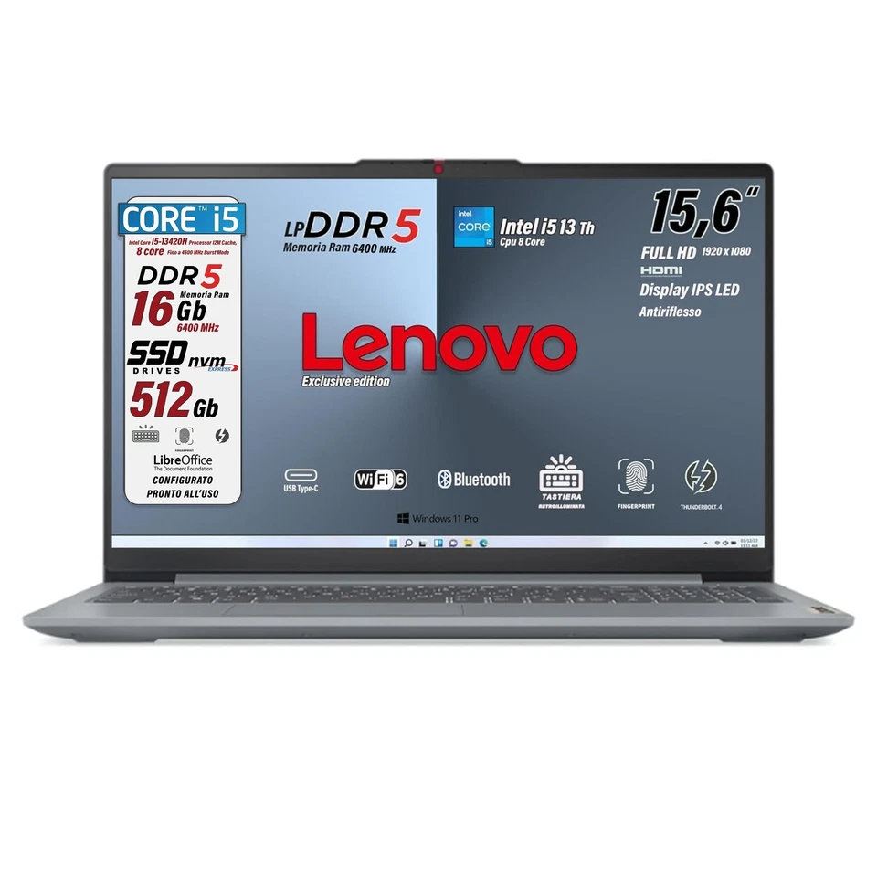 Notebook Lenovo Intel i5 13420H DDR5 16GB SSD 512GB FHD 15,6 Win11Pro Fing Retro - Immagine 2 di 4