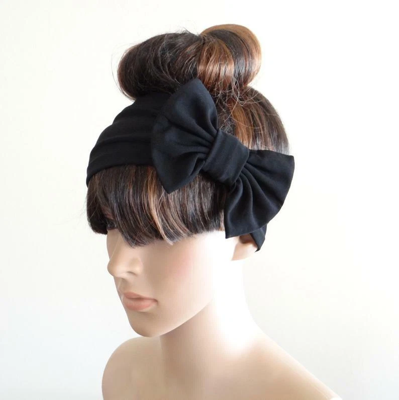 Diadema con lazo negro. Diadema elástica con lazo. Envoltura de cabeza. Envoltura para el cabello. Cubierta de cabello. Foto 2 de 2