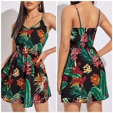Tropical Floral Mini Dress Black Spaghetti Strap V Neck Beach Vacation