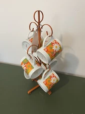 Vintage Orange Metal Mug Holder 6 Coffee Cup Tree Stand, Retro McM, Japan