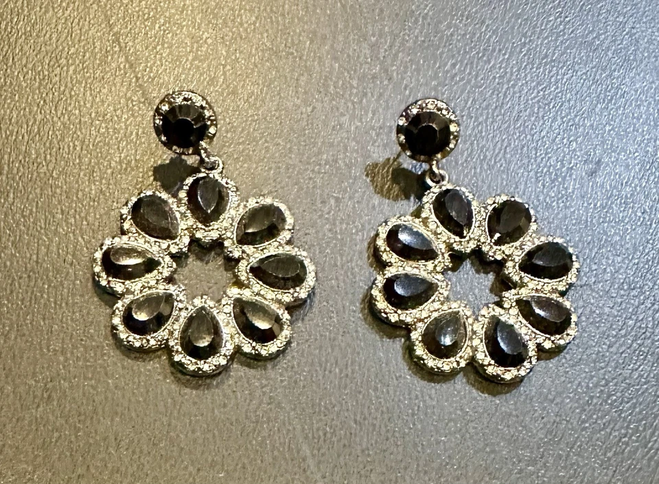 REBECCA MINKOFF XL Silver Crystal Black Faceted Stone Drop Flower Earrings - Image 2 of 4