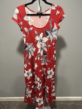 Chaps Red Blue White Hibiscus Floral Print Short Sleeve Cotton Maxi Dress PM