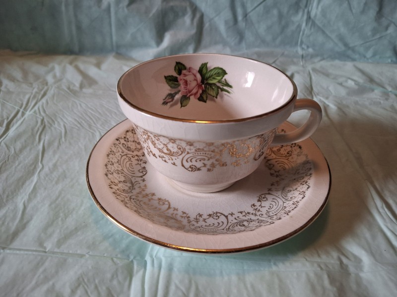 USA Gold Filigree Tudor Rose Georgian China Tea Cup & Saucer 22kt Gold Rimmed