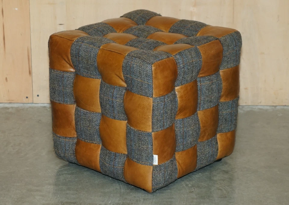 PAIR OF HARRIS TWEED BROWN LEATHER FOOTSTOOLS OR SIDE TABLES PART OF LARGE SUITE - Image 3 of 4