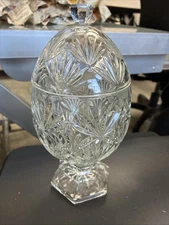 Vintage Teleflora Clear Glass Footed Pedestal Egg Covered Etched Dish No Box