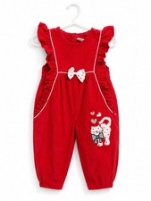 Vintage Baby Girl Red Corduroy Romper Cat Heart Applique Ruffle Bow 18 Months