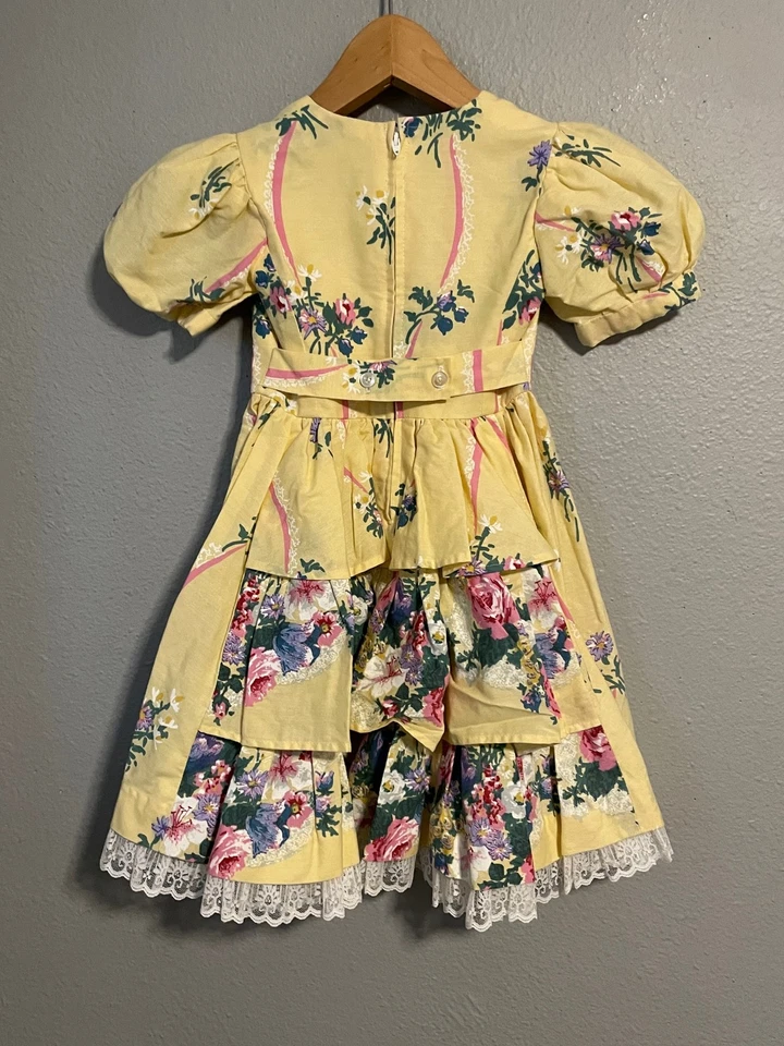 Vestido Vintage Niñas Manga Abullonada Amarillo Floral Encaje Volantes Primavera Cottagecore Años 80 Foto 2 de 4