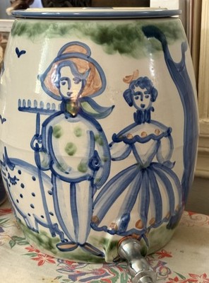 Vintage M.A. Hadley Pottery Country Scene Blue Farmer & Wife SAMOVAR w/Flat Lid