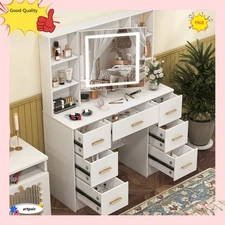 Large Led Vanity Makeup Table Set Dressing Desk with LED Lighted Mirror+7 Drawer