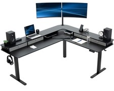 VIVO 2-Tier Electric 75" x 63" Corner Desk, Black Table Top, Black Frame