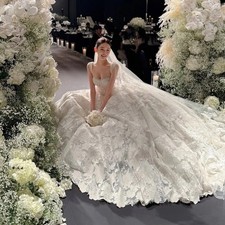 Romantic Lace Wedding Dress with Applique Square Collar Layered Bridal Gown