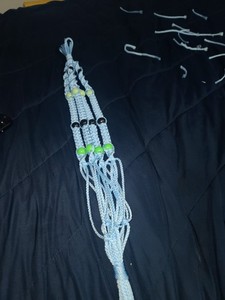 LT BLUE CORD WELL MADE MACRAME PLANT HANGER WITH BEADS  - 32IN