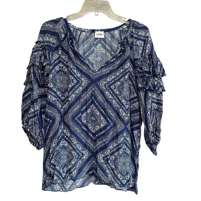 LINI Womens Blue White Geometric Tile Print Ruffle Sleeve Boho Blouse Large