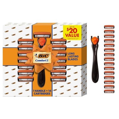 BIC Comfort 3 Men's Razor Gift Set   1 Handle 14 Cartridges Refillable