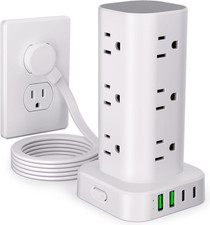 Power Strip Tower Surge Protector 12 AC 4 USB 2 Type C 6FT Flat Plug White