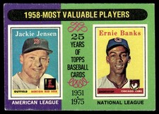1975 Topps Baseball Card Jackie Jensen Ernie Banks MVP 1958 #196 EX