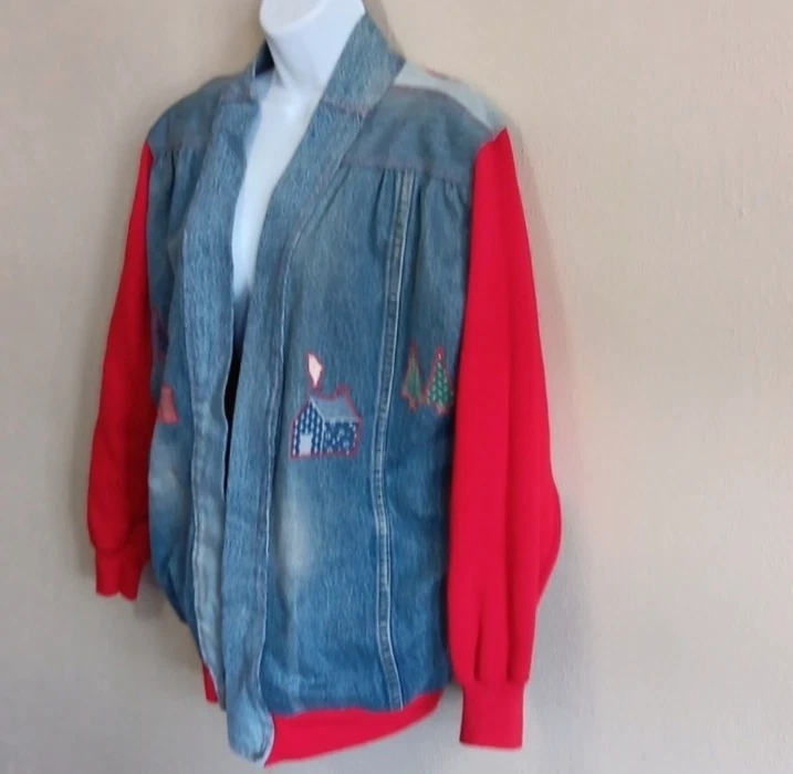 Vintage Reworked Denim Sweatshirt Jacket, Embroidered Unique Red & Blue Medium  - Image 3 of 4