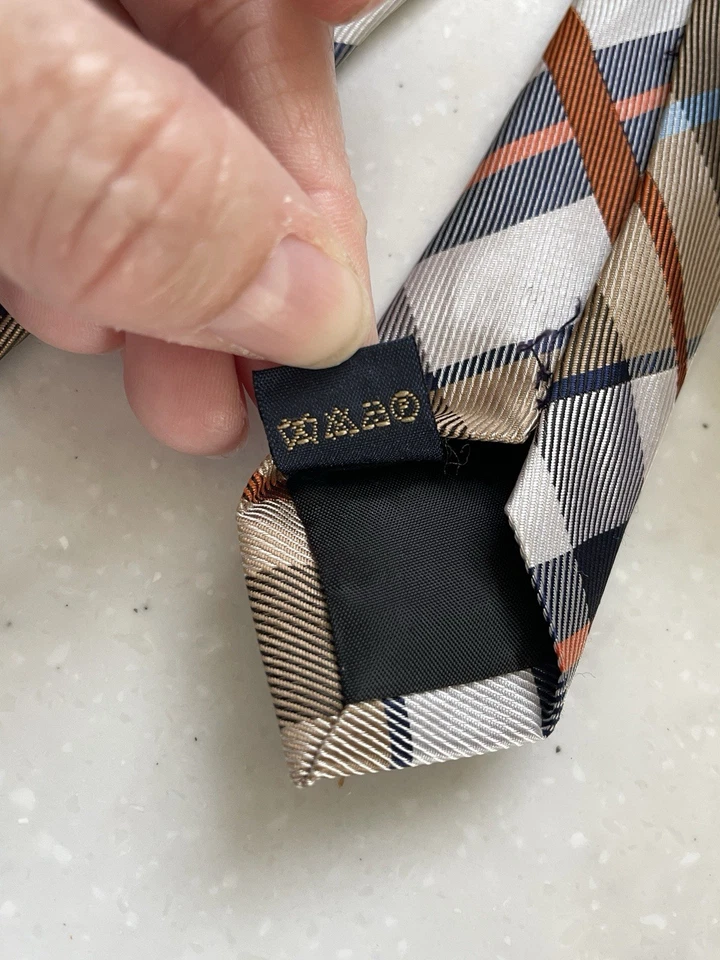 Vintage Hisdern Boys Neck Tie Classic Plaid Tan, Blue, Orange Hand Made - Image 3 of 4
