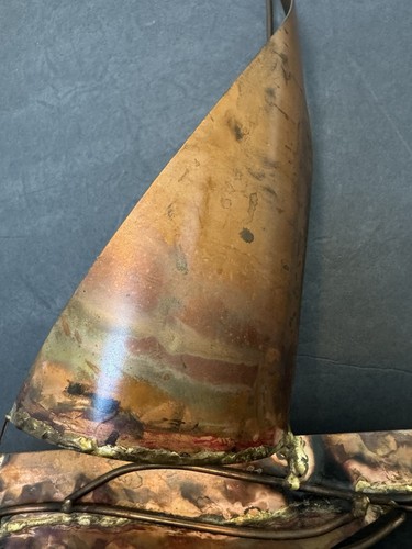 Vintage Bijan Bahar Copper Sculpture Sailboat Distressed Metal Art Signed 15” - Picture 5 of 24