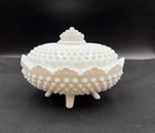 Vintage Hobnail Milk Glass Footed Covered Candy Dish Oval Estimated 1940’s-60’s