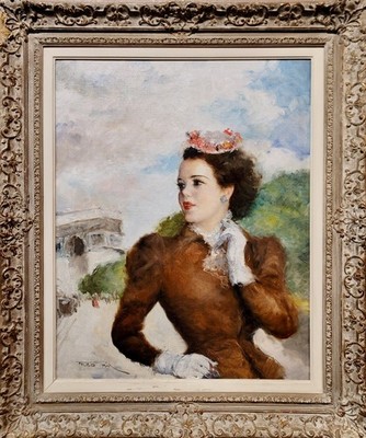 Pal Fried -Elegant Woman at the Champs Elysee in Paris- 1960s Oil painting