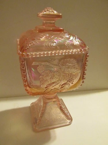 FENTON  CARNIVAL IRIDESCENT PINK  GLASS  GRAPES AND LEAVES DESIGN CANDY DISH