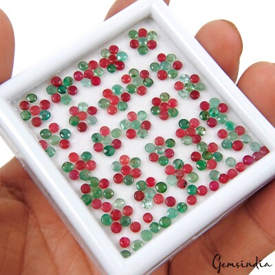 2mm Natural Red Ruby & Emerald Round Cut Setting Size Gems Lot 200Pc/ 23.20 Cts
