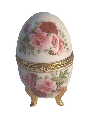 Ei Schmuckschatulle Floral Porzellan Dreifuß Eiform Schmuckschatulle 9,5 cm Vinta