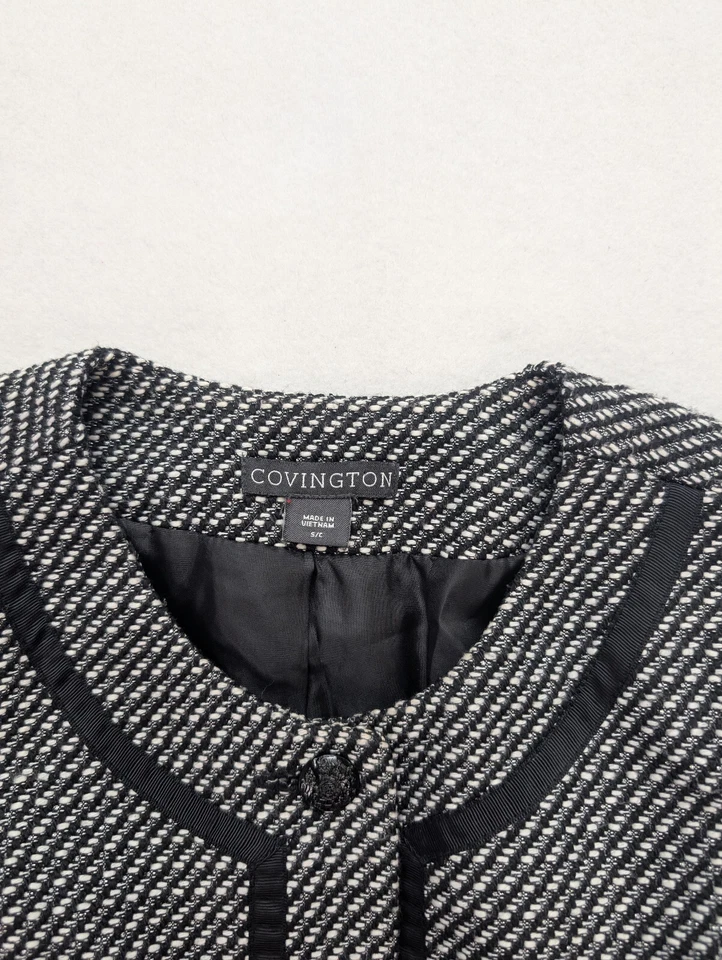 Chaqueta Blazer Covington Para Mujer Talla Pequeña Negra Blanca Tejida Negocios Carrera Foto 3 de 4