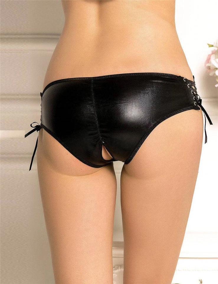 Slip Mutandine Tanga Nero IN Wetlook Con Apertura Total Inguine Per Donna - Bild 2 von 3