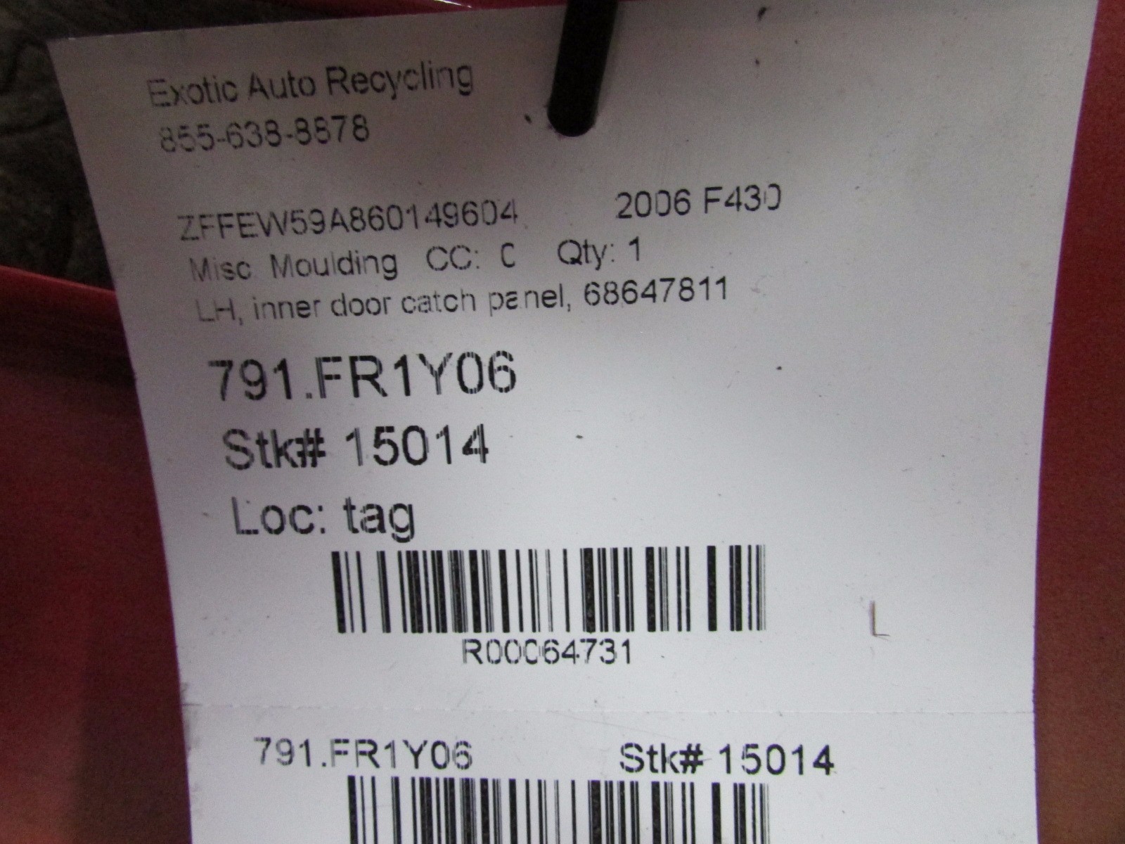 Ferrari F430, LH, Left B-Pillar, Door Jam Metal Trim Panel, P/N 68647811