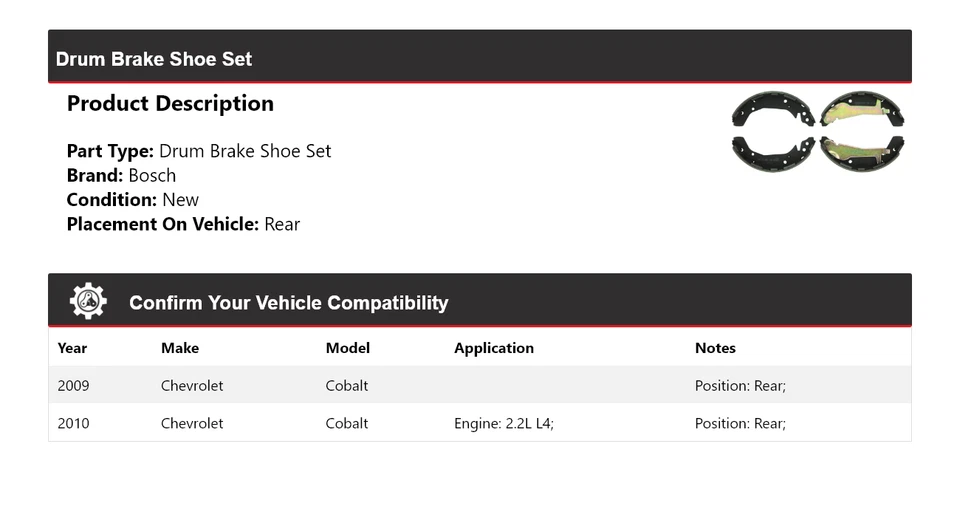 Комплект задних барабанных тормозных колодок для Chevrolet Cobalt Bosch 2009-2010 годов выпуска - Изображение 2 из 3