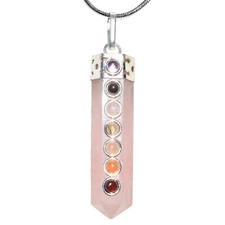 CHARGED 7 Chakra Himalayan Rose Quartz Pendant   20" Stainless Steel Chain