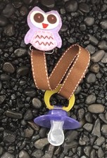 OWL Ribbon Pacifier holder clip strap, binky, paci leash-Handmade-Free Shipping