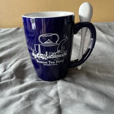 M Ware China/ 14 oz coffee mug with spoon/ Boston tea party/ 