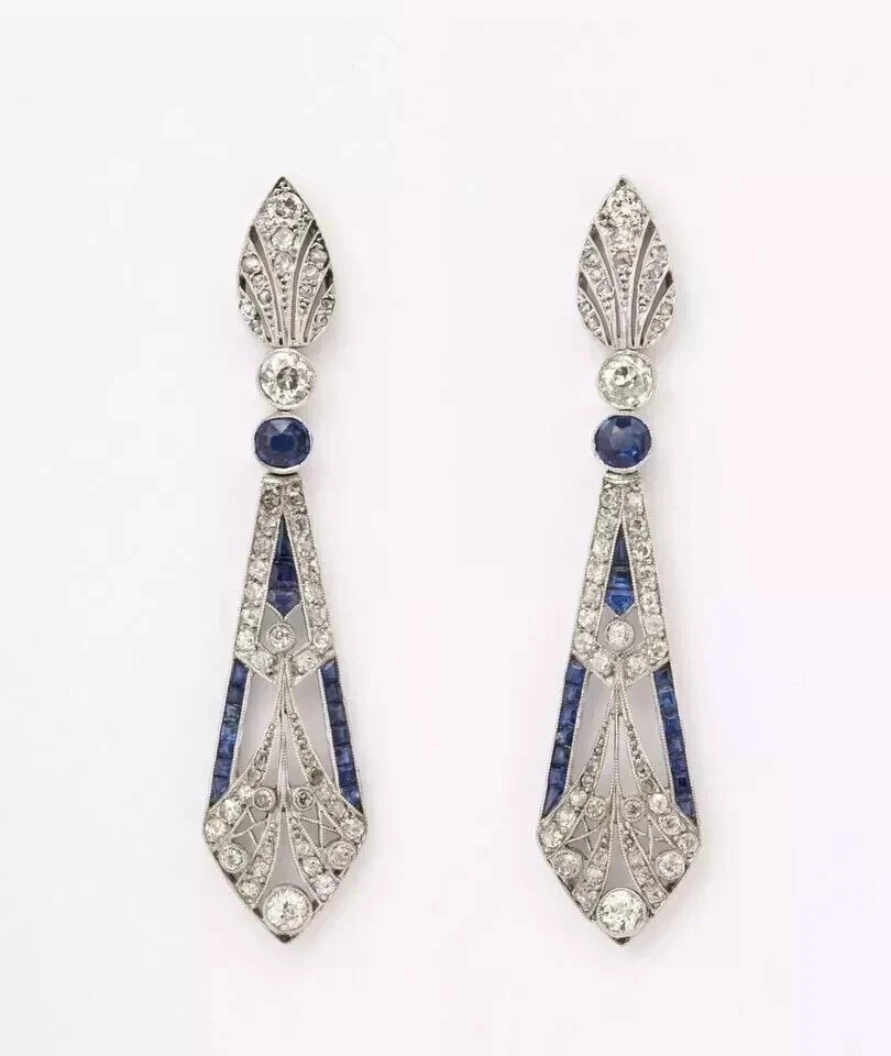 Art Deco Style Lab Created Diamond & Sapphire Dangle 14k White Gold FN Earrings - Image 3 of 4