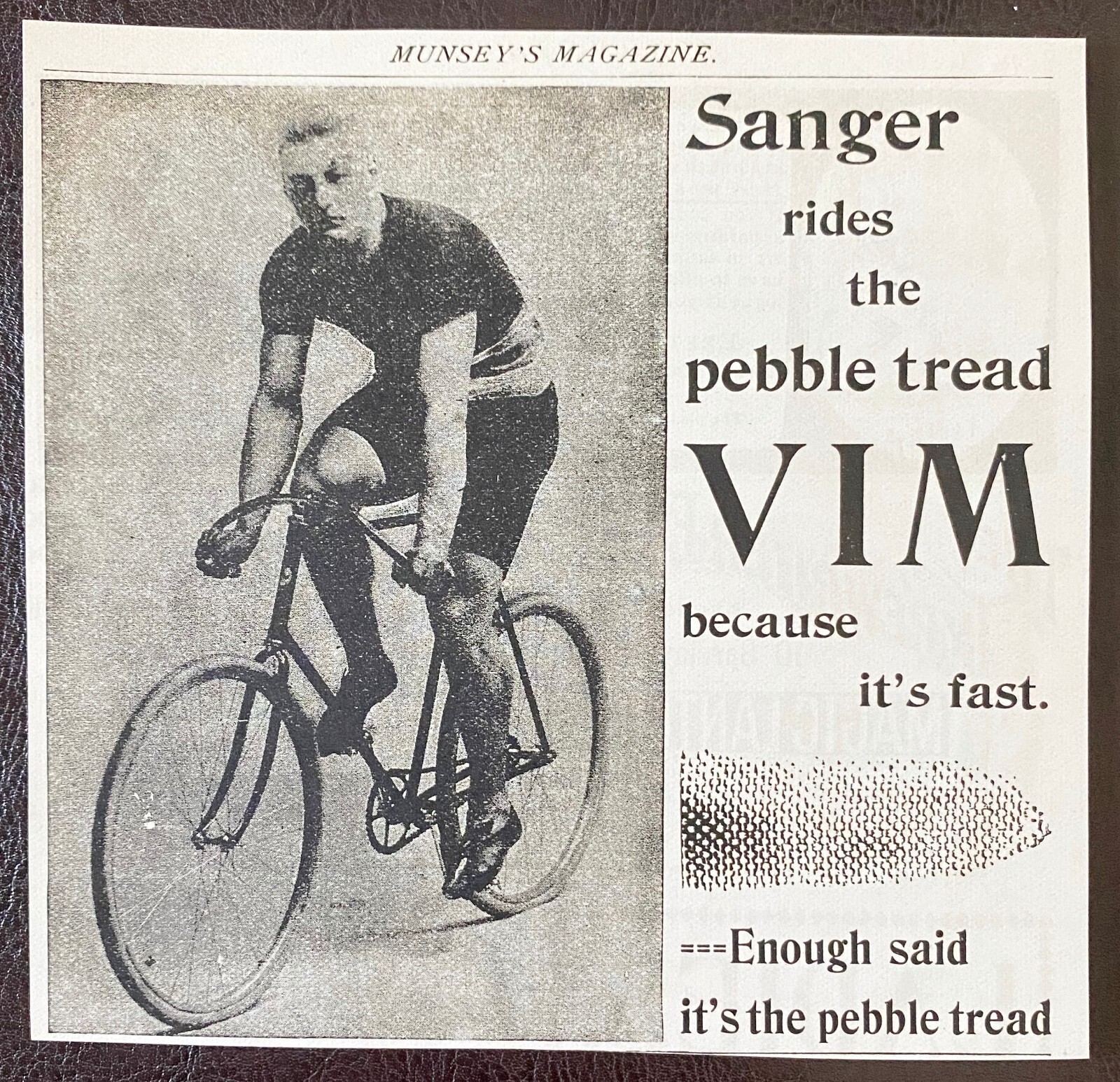 Racer Cyclist Walter Sanger Rides Pebble Tread VIM Bicycle Tire Vtg1895 ...