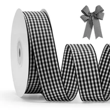 Black Gingham Ribbon, 1 Inch x 25 Yards, Black, White Buffalo Plaid, Craft