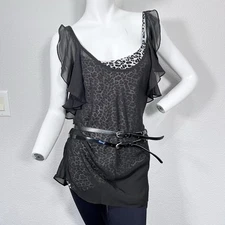 G by Guess Women M Black Ruffle Tunic Top Leopard Mesh Overlay Layered Belt Top
