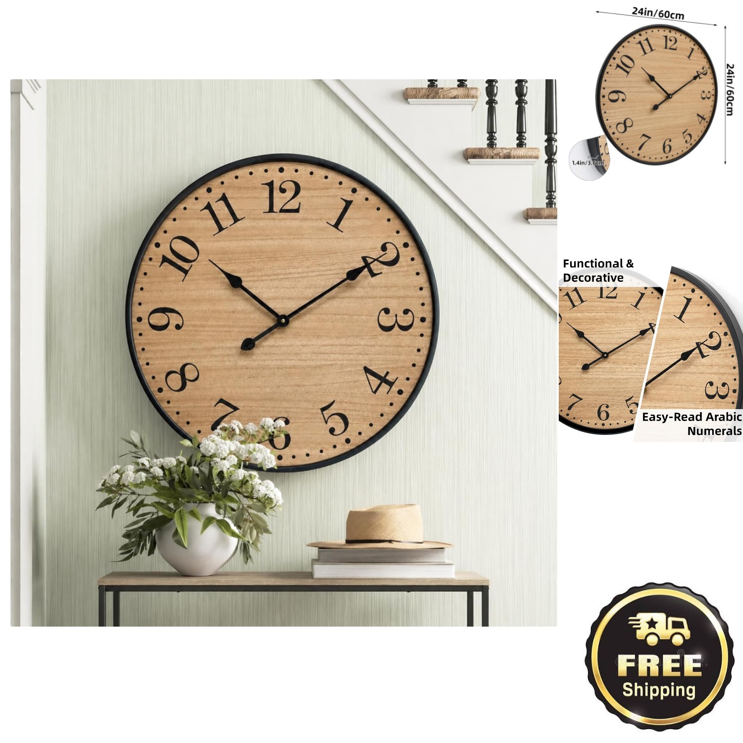 Farmhouse-Style 24-Inch Wall Clock with Rustic Wooden Face & Silent Operation