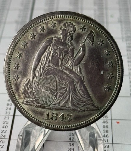 1847 Seated Liberty Dollar- AU Details/ Graffiti Nice 90% US EarlySilver Dollar