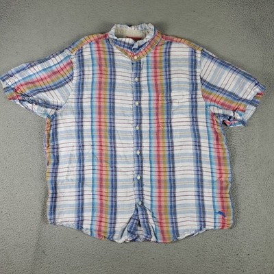 Tommy Bahama Shirt Mens  2XL Blue Plaid Linen Hawaiian Button Up Short Sleeve